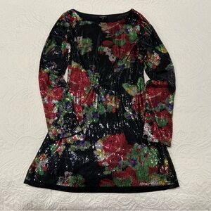 EXPRESS | Black Multi Floral Sequin Long Sleeve Mini Shift Dress SIZE Small
